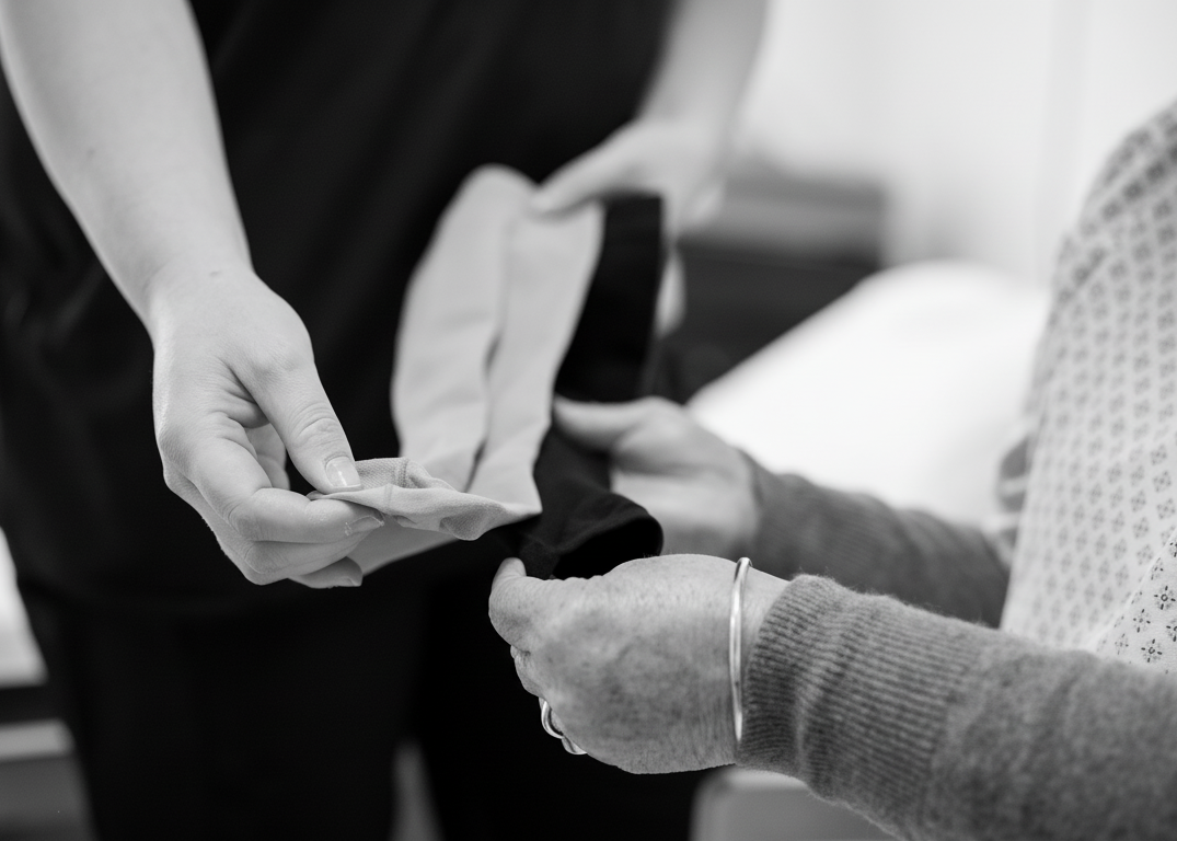 Close-up of a leg being measured for compression stockings.